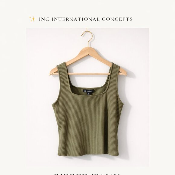 INC International Concepts Tops - INC International Concepts Olive Green Ribbed Tank Top XL Stretch Square Neck